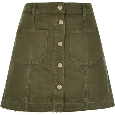 Khaki denim button-up A-line skirt
